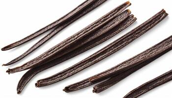 Close-up of dried vanilla beans, showcasing their rich, dark hue and unique texture, perfect for culinary and baking use. photo