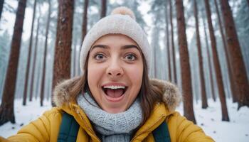 Close-up portrait of a woman with a surprised but happy expression, posing for a selfie smiling broadly, snowy forest background. photo
