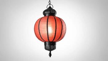 Ornate Red Paper Lantern Illuminates Against a Simple Background photo