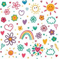 a colorful set of flowers and hearts with sun and clouds vector