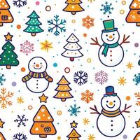 christmas seamless pattern with snowman, christmas tree and fir trees vector