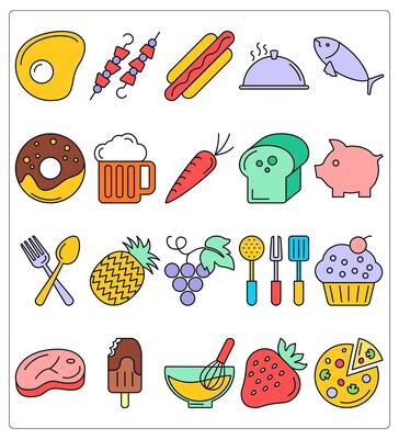 A set of 20 food icons as fried egg, barbecue, hot dog