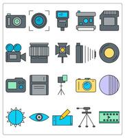 A set of 20 photography icons as camera, camera lens, camera battery vector
