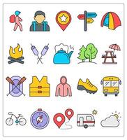 A set of 20 camping icons as man with bag, backpack, favorite location vector
