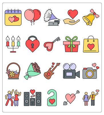 A set of 20 party icons as valentine day calendar, balloons, gramophone