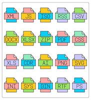 A set of 20 files icons as xml file, js file, iso file vector