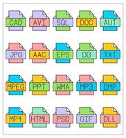 A set of 20 files icons as cad file, avi file, sql file vector