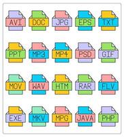 A set of 20 files icons as avi file, doc file, jpg file vector