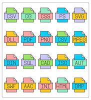 A set of 20 files icons as csv file, db file, css file vector