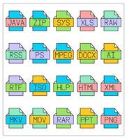A set of 20 files icons as java file, zip file, sys file vector