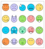 A set of 20 face emoticon icons as innocent, frowning face, sweat vector