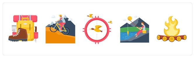 A set of 5 camping icons as vacation, mountain climbing, bird hunting vector