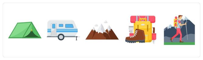 A set of 5 camping icons as camping, camping bus, hills vector