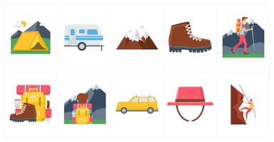 A set of 10 camping icons as camping, camping bus, hills vector