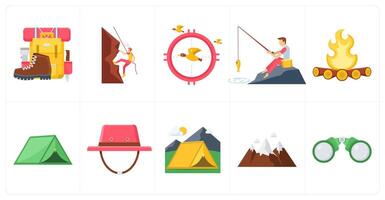 A set of 10 camping icons as vacation, mountain climbing, bird hunting vector
