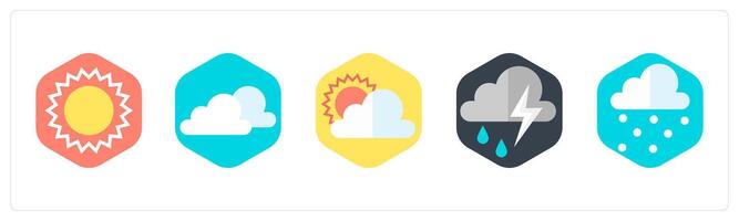 A set of 5 mix icons as sun, clouds, cloudy day vector