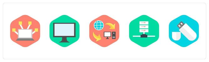 A set of 5 mix icons as computer network, computer, data transfer vector