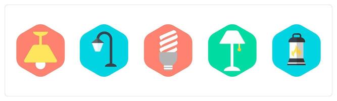 A set of 5 mix icons as ceiling lamp, street lamp, led light vector