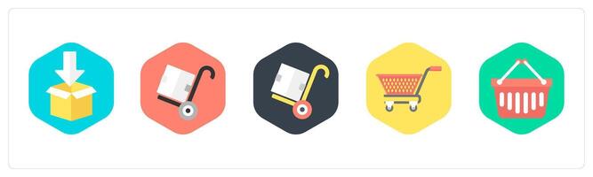A set of 5 mix icons as parcel, parcel trolley, trolley vector