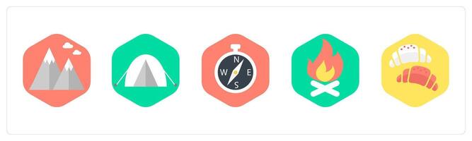 A set of 5 mix icons as hills, camping, compass direction vector