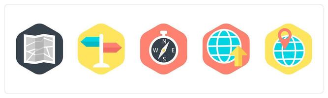 A set of 5 mix icons as map, directions, compass direction vector