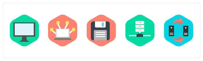 A set of 5 mix icons as computer, computer network, floppy disk vector