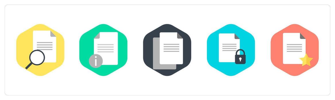 A set of 5 mix icons as search document, document information, duplicate document vector