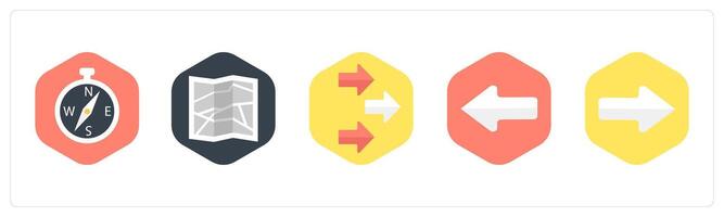 A set of 5 mix icons as compass direction, map, direction vector