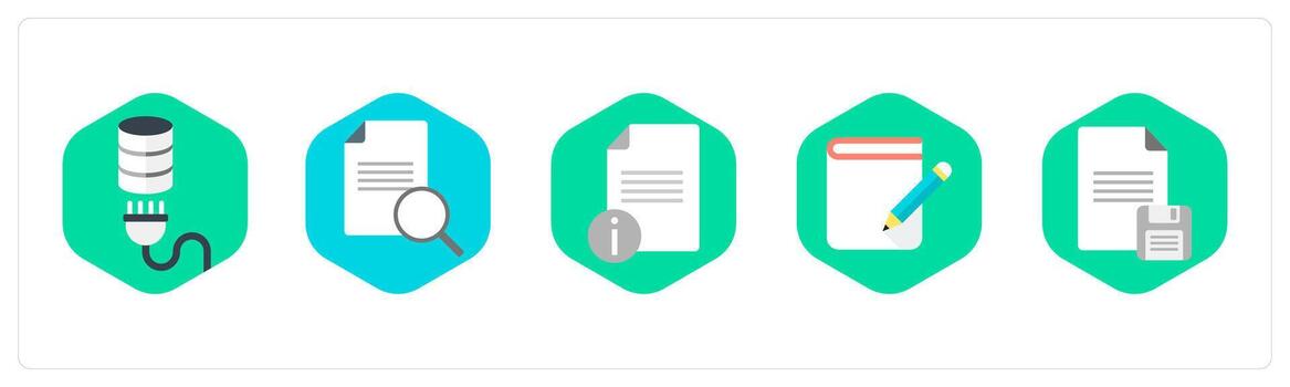 A set of 5 mix icons as database, search content, document information vector