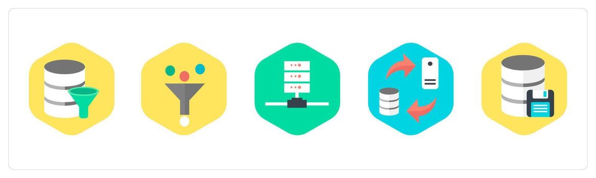 un conjunto de 5 5 mezcla íconos como base de datos, filtrar, servidor vector
