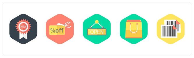 A set of 5 mix icons as new badge, discount offer, open board vector