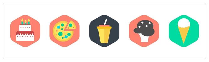 A set of 5 mix icons as pizza, cake, beverage vector