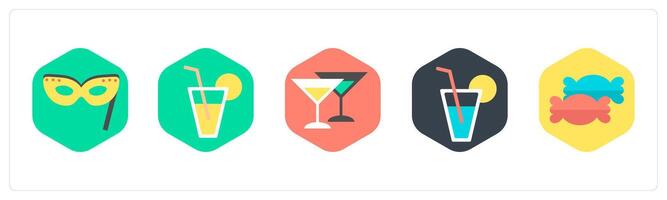 A set of 5 mix icons as party mask, lemon juice, champagne vector