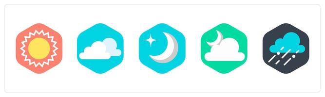 A set of 5 mix icons as sun, clouds, half moon vector