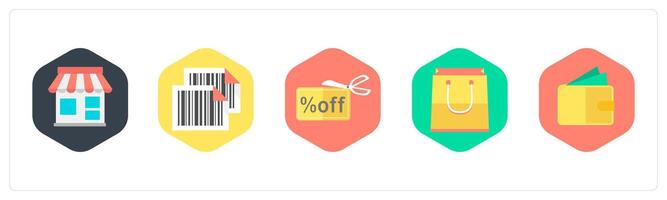 A set of 5 mix icons as store, bar code, discount offer vector