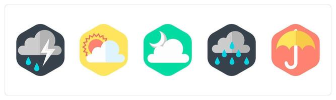 A set of 5 mix icons as thunderstorm, cloudy day, night vector