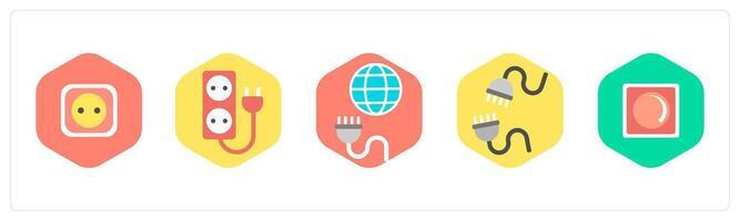 A set of 5 mix icons as socket, global connection, connection vector