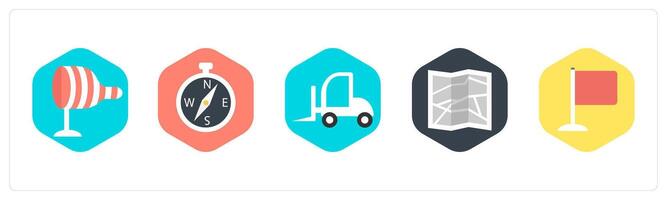 A set of 5 mix icons as wind indicator, compass direction, travel car vector