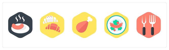 A set of 5 mix icons as sausage, criossant, chicken vector