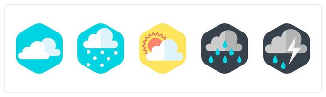 A set of 5 mix icons as clouds, snowfall, cloudy day vector