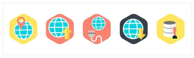 A set of 5 mix icons as global location, globe, global connection vector