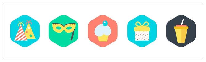 A set of 5 mix icons as celebration, party mask, ice cream vector