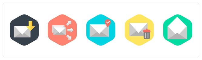 A set of 5 mix icons as mail download, transfer mail, mail location vector