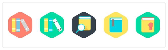 A set of 5 mix icons as library books, library, book search vector