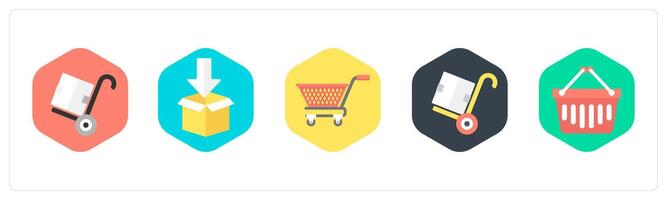 A set of 5 mix icons as parcel trolley, parcel, cart vector