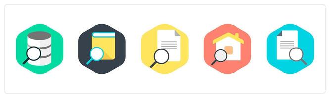 A set of 5 mix icons as data search, book search, search content vector