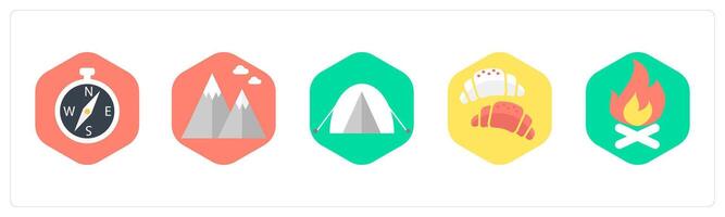 A set of 5 mix icons as compass direction, hills, camping vector