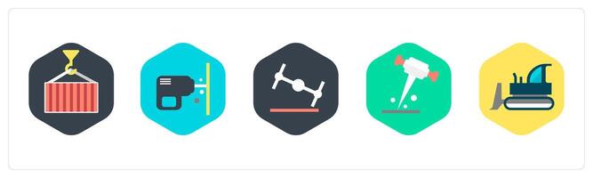 A set of 5 mix icons as crane, drilling, node vector