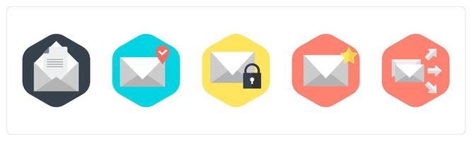 A set of 5 mix icons as open mail, mail location, mail protection vector