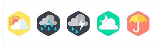 A set of 5 mix icons as cloudy day, rainy season, thunderstorm vector